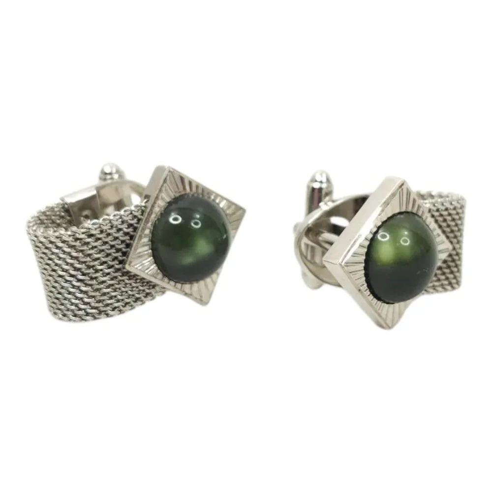 Anson Moon Stone Mesh Chainmail Cufflinks Silver Tone Men Vintage MCM Jewelry